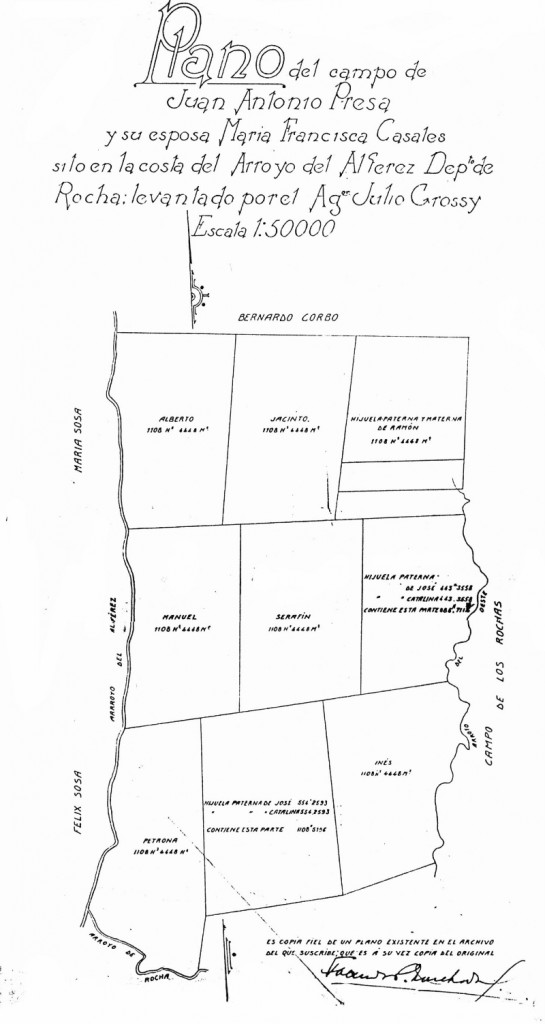 Plano particionario de los campos quedados al fallecimiento de Juan Antonio Presa relevandos por el Agr. Julio Grossy el 9 de setiembre de 1839