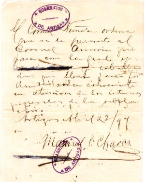 Salvoconducto firmado por Manuel Chaves a Amorín en Artigas (hoy Río Branco) para movilizar sus tropas (1897)