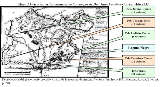 Mapa 2 Ubicación de las estancias en los campos de Don Juan Faustino Correa.  Año 1831