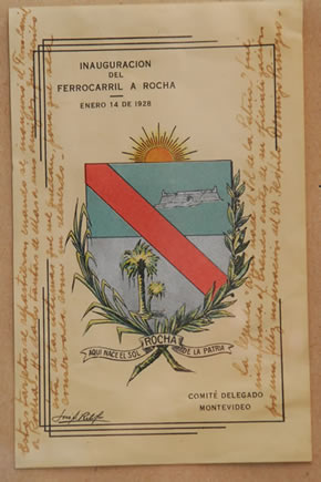 Programa de la Inauguración del Ferrocarril a Rocha donde consta el escudo departamental ideado por Ribot a pesar de que aún no era emblema oficial (1928)